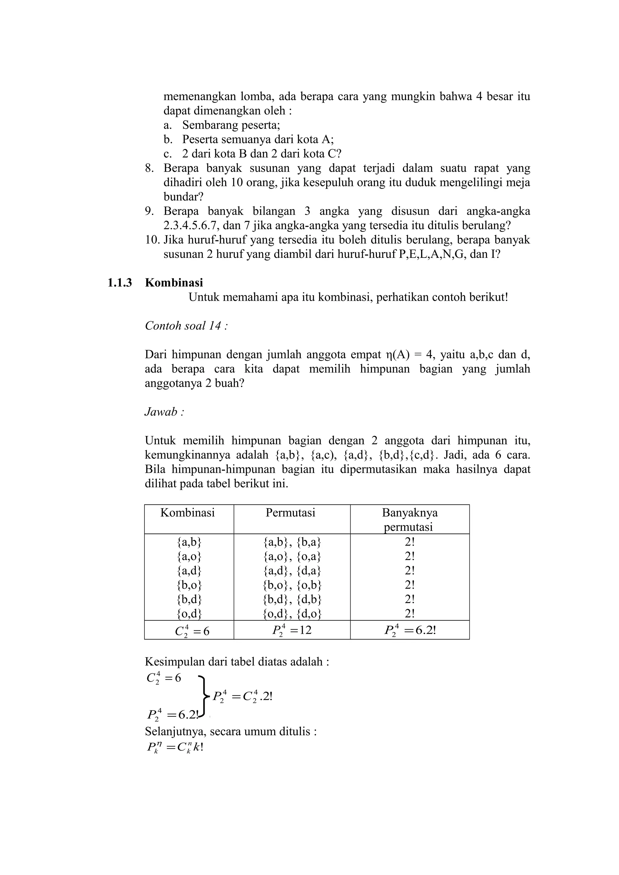 memenangkan lomba, ada berapa cara yang mungkin bahwa 4 besar itu
dapat dimenangkan oleh :
a. Sembarang peserta;
b. Peserta semuanya dari kota A;
c. 2 dari kota B dan 2 dari kota C?
8. Berapa banyak susunan yang dapat terjadi dalam suatu rapat yang
dihadiri oleh 10 orang, jika kesepuluh orang itu duduk mengelilingi meja
bundar?
9. Berapa banyak bilangan 3 angka yang disusun dari angka-angka
2.3.4.5.6.7, dan 7 jika angka-angka yang tersedia itu ditulis berulang?
10. Jika huruf-huruf yang tersedia itu boleh ditulis berulang, berapa banyak
susunan 2 huruf yang diambil dari huruf-huruf P,E,L,A,N,G, dan I?
1.1.3

Kombinasi
Untuk memahami apa itu kombinasi, perhatikan contoh berikut!
Contoh soal 14 :
Dari himpunan dengan jumlah anggota empat η(A) = 4, yaitu a,b,c dan d,
ada berapa cara kita dapat memilih himpunan bagian yang jumlah
anggotanya 2 buah?
Jawab :
Untuk memilih himpunan bagian dengan 2 anggota dari himpunan itu,
kemungkinannya adalah {a,b}, {a,c), {a,d}, {b,d},{c,d}. Jadi, ada 6 cara.
Bila himpunan-himpunan bagian itu dipermutasikan maka hasilnya dapat
dilihat pada tabel berikut ini.
Kombinasi
{a,b}
{a,o}
{a,d}
{b,o}
{b,d}
{o,d}
4
C2 = 6

Permutasi
{a,b}, {b,a}
{a,o}, {o,a}
{a,d}, {d,a}
{b,o}, {o,b}
{b,d}, {d,b}
{o,d}, {d,o}
P24 = 12

Kesimpulan dari tabel diatas adalah :
4
C2 = 6
4
P24 = C 2 .2!
P24 = 6.2!
Selanjutnya, secara umum ditulis :
n
Pkη = C k k!

Banyaknya
permutasi
2!
2!
2!
2!
2!
2!
4
P2 = 6.2!

 