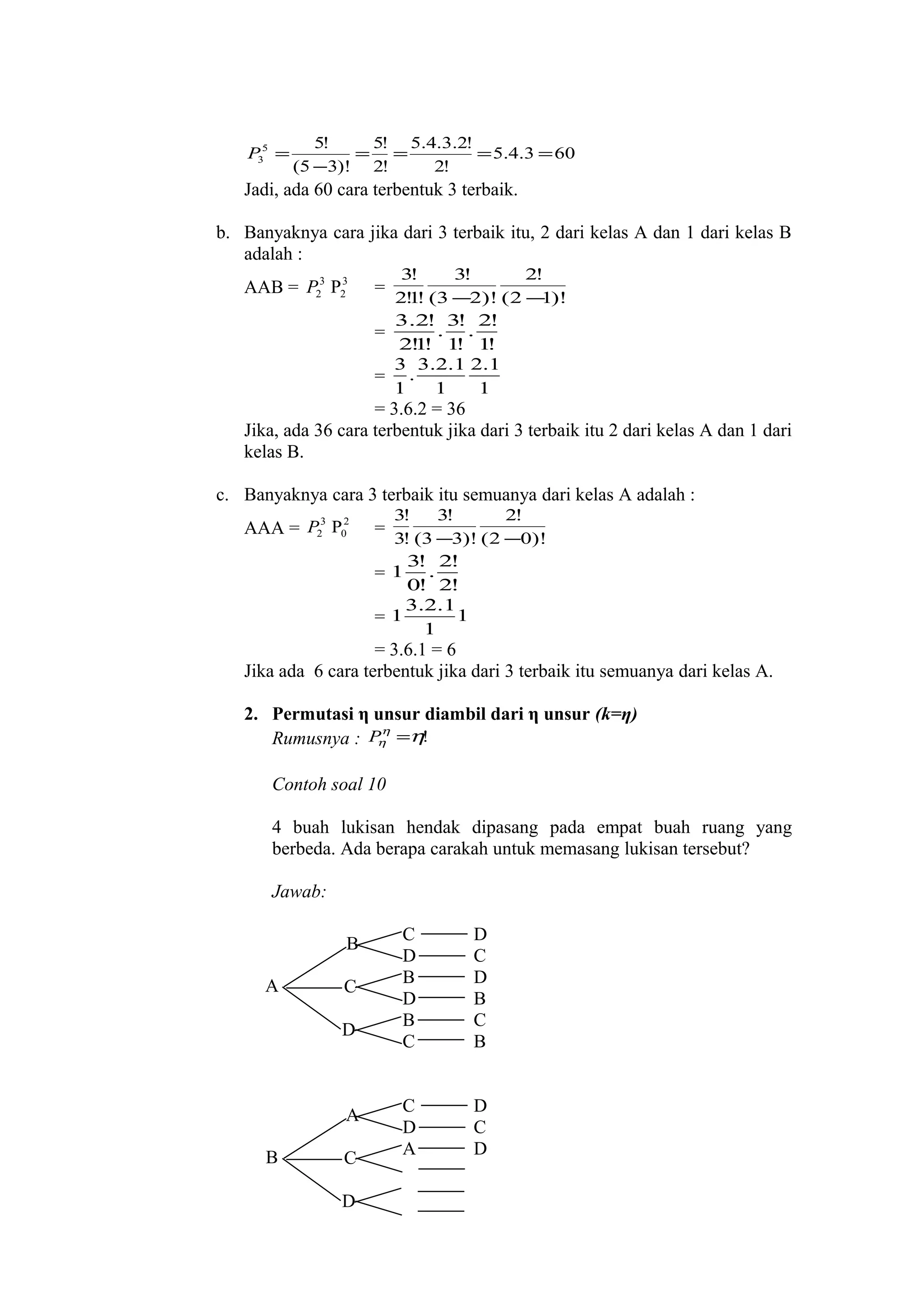 P35 =

5!
5! 5.4.3.2!
= =
= 5.4.3 = 60
(5 −3)! 2!
2!

Jadi, ada 60 cara terbentuk 3 terbaik.
b. Banyaknya cara jika dari 3 terbaik itu, 2 dari kelas A dan 1 dari kelas B
adalah :
AAB = P23 P23

3!
3!
2!
2! ! (3 −2)! (2 − )!
1
1
3.2! 3! 2!
. .
=
2! ! 1 1
1
! !
3 3.2.1 2.1
= .
1
1
1

=

= 3.6.2 = 36
Jika, ada 36 cara terbentuk jika dari 3 terbaik itu 2 dari kelas A dan 1 dari
kelas B.
c. Banyaknya cara 3 terbaik itu semuanya dari kelas A adalah :
AAA = P23 P02

3!
3!
2!
3! (3 −3)! ( 2 −0)!
3! 2!
=1 .
0! 2!
3.2.1
1
=1
1

=

= 3.6.1 = 6
Jika ada 6 cara terbentuk jika dari 3 terbaik itu semuanya dari kelas A.
2. Permutasi η unsur diambil dari η unsur (k=η)
η
Rumusnya : P =η!
η
Contoh soal 10
4 buah lukisan hendak dipasang pada empat buah ruang yang
berbeda. Ada berapa carakah untuk memasang lukisan tersebut?
Jawab:
B
A

C
D

A
B

C
D

C
D
B
D
B
C

D
C
D
B
C
B

C
D
A

D
C
D

 
