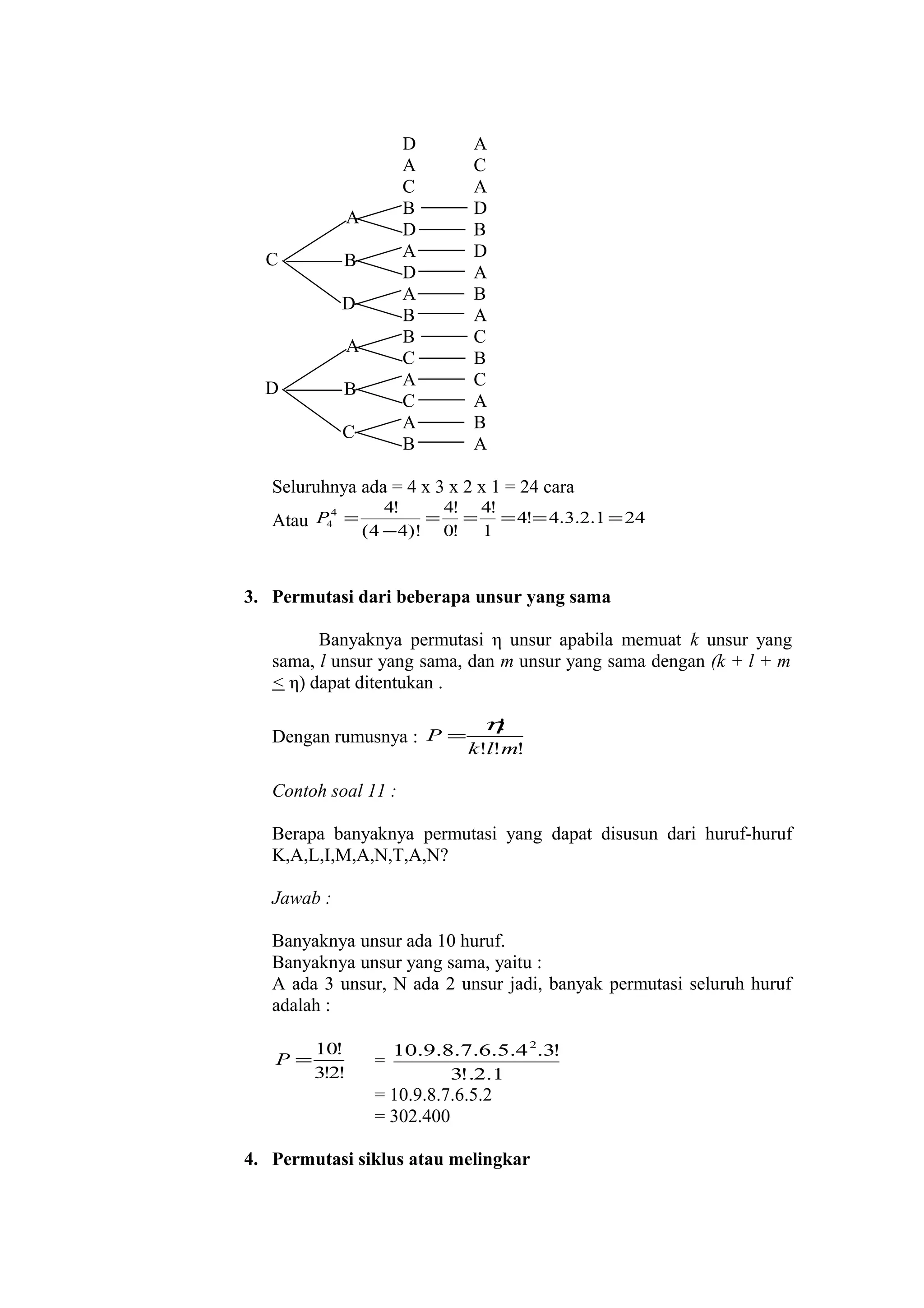 D
A
C
B
D
A
D
A
B
B
C
A
C
A
B

A
C

B
D
A

D

B
C

A
C
A
D
B
D
A
B
A
C
B
C
A
B
A

Seluruhnya ada = 4 x 3 x 2 x 1 = 24 cara
4
Atau P4 =

4!
4! 4!
= = = 4!= 4.3.2.1 = 24
(4 − 4)! 0! 1

3. Permutasi dari beberapa unsur yang sama
Banyaknya permutasi η unsur apabila memuat k unsur yang
sama, l unsur yang sama, dan m unsur yang sama dengan (k + l + m
< η) dapat ditentukan .
Dengan rumusnya : P =

η
!
k!l!m!

Contoh soal 11 :
Berapa banyaknya permutasi yang dapat disusun dari huruf-huruf
K,A,L,I,M,A,N,T,A,N?
Jawab :
Banyaknya unsur ada 10 huruf.
Banyaknya unsur yang sama, yaitu :
A ada 3 unsur, N ada 2 unsur jadi, banyak permutasi seluruh huruf
adalah :
P=

10!
3!2!

=

10.9.8.7.6.5.4 2.3!
3!.2.1

= 10.9.8.7.6.5.2
= 302.400
4. Permutasi siklus atau melingkar

 