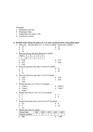 Hitunglah:
a. Simpangan rata-rata;
b. Simpangan baku;
c. Angka baku (Z) untuk x=80;
d. Luas Kurva normal
A. Berilah tanda silang (X) pada a, b, c, d, atau e pada jawaban yang paling tepat!
1. NIlai rata – rata dari data 6,5,7, a, 10,4,3,5 adalah 7 maka nilai a adalah….
a. 10
d. 16
b. 12
e. 28
c. 14
2. Rata-rata hitung dari data dibawah ini adalah…..
Nilai 5
6
7
8
9
f
10
4
8
5
3
a. 6,50
d. 6,75
b. 6,67
e. 6,80
c. 6,65
3. Rata-rata geometri dari data 4,16,8,64,32 adalah…..
a. 4
d. 32
b. 8
e. 64
c. 16
4. Rata-rata harmonis dari data 7,5,3,8,7,9 adalah…….
a. 5,69
d. 5,98
b. 5,78
e. 5,92
c. 5,89
5. Modus dari data 6,2,7,5,6,6,7,7,4 adalah……
a. 2 dan 4
d. 4 dan 5
b. 5 dan 6
e. 5 dan 7
c. 6 dan 7
6. Median dari data 6,7,4,5,7,8,7,12,10 adalah….
a. 4
d. 7
b. 5
e. 8
c. 6
7. Kuartil bawah dari data 2,4,6,12,8,10,15,20 adalah…….
a. 4,5
d. 6,
b. 5
e. 6,5
c. 5,5
8. Median dari data ini adalah…….
Harga buku
800 1.000 1.200 1.600 2.000
Banyak pembeli
2
12
7
6
3
a. 800
b. 1.000

 