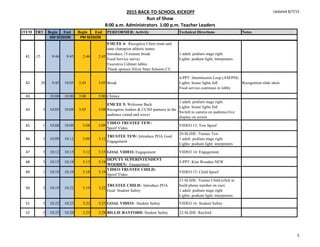 2015 BACK-TO-SCHOOL KICKOFF
Run of Show
8:00 a.m. Administrators 1:00 p.m. Teacher Leaders
Updated 8/7/15
ITEM TRT Begin End Begin End PERFORMER: Activity Technical Directions Notes
AM SESSION PM SESSION
41 :15 9:44 9:45 2:44 2:45
EMCEE 4: Recognize Cheer team and
state champion athletic teams.
Introduce 15-minute break:
Food Service survey
Executive Cabinet tables
Thank sponsor Silver State Schools CU
1 adult: podium stage right
Lights: podium light; interpreters
42 20 9:45 10:05 2:45 3:05 Break
4-PPT: Intermission Loop (AM/PM)
Lights: house lights full
Food service continues in lobby
Recognition slide show
43 10:00 10:00 3:00 3:00 Chimes
44 3 10:05 10:08 3:05 3:08
EMCEE 5: Welcome Back
Recognize leaders & CCSD partners in the
audience (stand and wave)
1 adult: podium stage right
Lights: house lights full
Switch to camera on audience/live
display on screen
45 1 10:08 10:09 3:08 3:09
VIDEO TRUSTEE TEW:
Spoof Video
VIDEO 13: Tew Spoof
46 3 10:09 10:12 3:09 3:12
TRUSTEE TEW: Introduce POA Goal:
Engagement
20-SLIDE: Trustee Tew
1 adult: podium stage right
Lights: podium light; interpreters
47 3 10:12 10:15 3:12 3:15 GOAL VIDEO: Engagement VIDEO 14: Engagement
48 3 10:15 10:18 3:15 3:18
DEPUTY SUPERINTENDENT
WOODEN: Engagement
5-PPT: Kim Wooden NEW
49 1 10:18 10:19 3:18 3:19
VIDEO TRUSTEE CHILD:
Spoof Video
VIDEO 15: Child Spoof
50 3 10:19 10:22 3:19 3:22
TRUSTEE CHILD: Introduce POA
Goal: Student Safety
21-SLIDE: Trustee Child (click to
build phone number on cue)
1 adult: podium stage right
Lights: podium light; interpreters
51 3 10:22 10:25 3:22 3:25 GOAL VIDEO: Student Safety VIDEO 16: Student Safety
52 3 10:25 10:28 3:25 3:28 BILLIE RAYFORD: Student Safety 22-SLIDE: Rayford
5
 