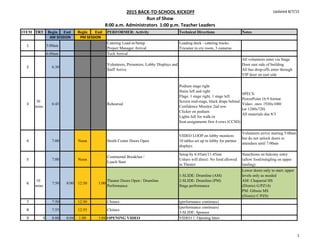 2015 BACK-TO-SCHOOL KICKOFF
Run of Show
8:00 a.m. Administrators 1:00 p.m. Teacher Leaders
Updated 8/7/15
ITEM TRT Begin End Begin End PERFORMER: Activity Technical Directions Notes
1 5:00am
Catering Load-in/Setup
Project Manager Arrival
Loading dock - catering trucks
Tricaster in cry room, 3 cameras
6:00am Tech Arrival
2 6:30
Volunteers, Presenters, Lobby Displays and
Staff Arrive
All volunteers enter via Stage
Door east side of building
All bus drop-offs enter through
VIP door on east side
3
30
mins
6:45 Rehearsal
Podium stage right
Stairs left and right
Flags: 1 stage right, 1 stage left
Screen mid-stage, black drape behind
Confidence Monitor 2nd row
Clicker on podium
Lights full for walk-in
Seat assignments first 4 rows (CCSD)
SPECS:
PowerPoint 16:9 format
Video: .mov 1920x1080
(or 1280x720)
All materials due 8/3
4 7:00 Noon Smith Center Doors Open
VIDEO LOOP on lobby monitors
10 tables set up in lobby for partner
displays
Volunteers arrive starting 5:00am
but do not unlock doors to
attendees until 7:00am
5 7:00 Noon
Continental Breakfast /
Lunch Start
Setup by 6:45am/11:45am
Ushers will direct: No food allowed
in Theater
Stanchions on balcony entry
(allow food/mingling on upper
landing)
6
10
mins
7:50 8:00 12:50 1:00
Theater Doors Open / Drumline
Performance
1-SLIDE: Drumline (AM)
2-SLIDE: Drumline (PM)
Stage performance
Lower doors only to start; upper
levels only as needed
AM: Chaparral HS
(District G/PZ14)
PM: Gibson MS
(District C/PZ8)
7 7:50 12:50 Chimes (performance continues)
8 7:55 12:55 Chimes
(performance continues)
3-SLIDE: Sponsor
9 4 8:00 8:04 1:00 1:04 OPENING VIDEO VIDEO 1: Opening Intro
AM SESSION PM SESSION
1
 