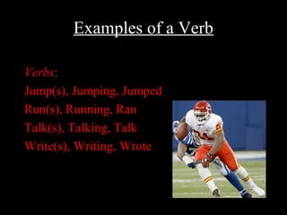 01/30/15 LAVC Writing Center 8
Examples of a Verb
VerbsVerbs:
Jump(s), Jumping, Jumped
Run(s), Running, Ran
Talk(s), Talking, Talk
Write(s), Writing, Wrote
 