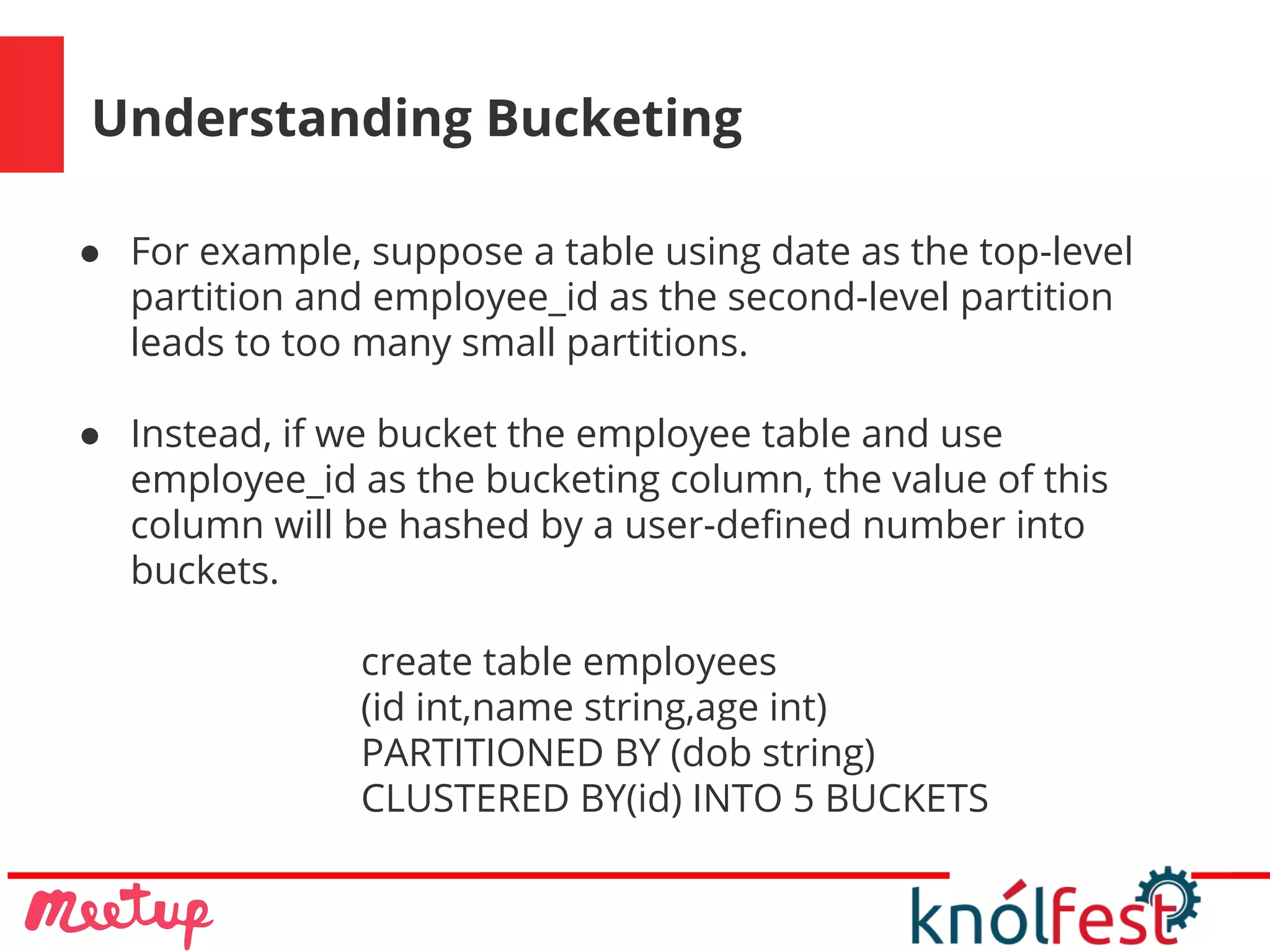 Understanding Bucketing
● For example, suppose a table using date as the top-level
partition and employee_id as the second-level partition
leads to too many small partitions.
● Instead, if we bucket the employee table and use
employee_id as the bucketing column, the value of this
column will be hashed by a user-defined number into
buckets.
create table employees
(id int,name string,age int)
PARTITIONED BY (dob string)
CLUSTERED BY(id) INTO 5 BUCKETS
 