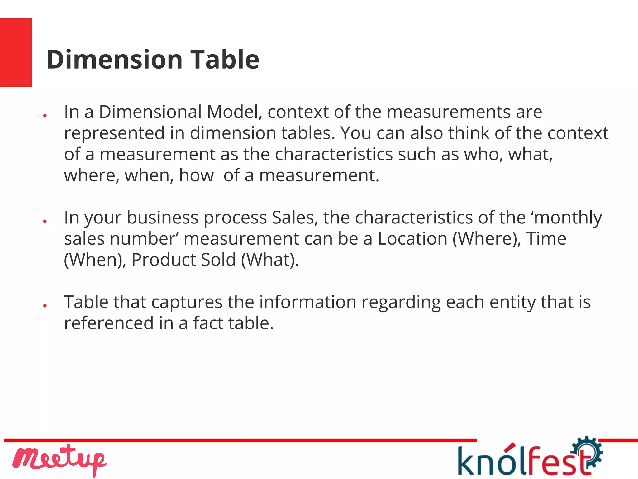 Dimension Table
● In a Dimensional Model, context of the measurements are
represented in dimension tables. You can also think of the context
of a measurement as the characteristics such as who, what,
where, when, how of a measurement.
● In your business process Sales, the characteristics of the ‘monthly
sales number’ measurement can be a Location (Where), Time
(When), Product Sold (What).
● Table that captures the information regarding each entity that is
referenced in a fact table.
 