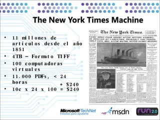 11 millones de artículos desde el año 1851 4TB – Formato TIFF 100 computadoras virtuales 11.000 PDFs, < 24 horas 10c x 24 x 100 = $240  + $240  