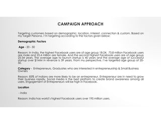 CAMPAIGN APPROACH
Targeting customers based on demographic, location, interest, connection & custom. Based on
my Target Persona, I’m targeting according to the factors given below:
Demographic Factors
Age - 20 - 50
Reason: In India, the highest Facebook users are of age group 18-24, 73.8 million Facebook users
are male and 23.4 million are female. And the second highest Facebook users are of age group
25-34 years. The average age to launch startup is 40 years and the average age of successful
startup over $1MM in revenue is 39 years. From my perspective, I’ve targeted age group of 20-
50.
Category - Entrepreneurs, Graduates who are interested in entrepreneurship & Small Business
Owners
Reason: 83% of Indians are more likely to be an entrepreneur. Entrepreneur are in need to grow
their business rapidly. Social media is the best platform to create brand awareness among all
users. Engagement of Entrepreneurs will be high in Facebook.
Location
- India
Reason: India has world’s highest Facebook users over 195 million users.
 