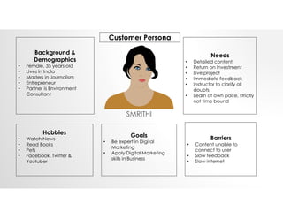 Background &
Demographics
• Female, 35 years old
• Lives in India
• Masters in Journalism
• Entrepreneur
• Partner is Environment
Consultant
Needs
• Detailed content
• Return on Investment
• Live project
• Immediate feedback
• Instructor to clarify all
doubts
• Learn at own pace, strictly
not time bound
Hobbies
• Watch News
• Read Books
• Pets
• Facebook, Twitter &
Youtuber
Goals
• Be expert in Digital
Marketing
• Apply Digital Marketing
skills in Business
Barriers
• Content unable to
connect to user
• Slow feedback
• Slow internet
Customer Persona
SMRITHI
 