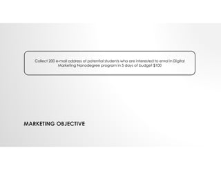 MARKETING OBJECTIVE
Collect 200 e-mail address of potential students who are interested to enrol in Digital
Marketing Nanodegree program in 5 days of budget $100
 