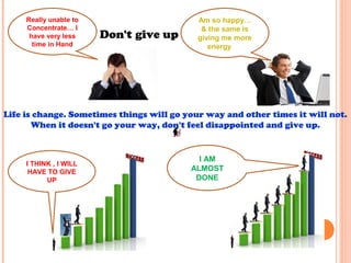 Really unable to                       Am so happy…
     Concentrate… I                          & the same is
      have very less    Don't give up       giving me more
       time in Hand                            energy




Life is change. Sometimes things will go your way and other times it will not.
       When it doesn't go your way, don't feel disappointed and give up.


                                            I AM
     I THINK , I WILL
      HAVE TO GIVE                        ALMOST
           UP                              DONE
 