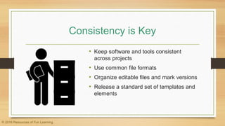 Consistency is Key
• Keep software and tools consistent
across projects
• Use common file formats
• Organize editable files and mark versions
• Release a standard set of templates and
elements
© 2016 Resources of Fun Learning
 