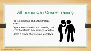 All Teams Can Create Training
• Pull in developers and SMEs from all
teams
• Departments can alternate releasing new
content related to their areas of expertise
• Create a way to share project workflows
© 2016 Resources of Fun Learning
 