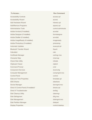 To Access…                               Run Command

Accessibility Controls                   access.cpl
Accessibility Wizard                     accwiz
Add Hardware Wizard                      hdwwiz.cpl
Add/Remove Programs                      appwiz.cpl
Administrative Tools                     control admintools
Adobe Acrobat (if installed)             acrobat
Adobe Designer (if installed)            formdesigner
Adobe Distiller (if installed)           acrodist
Adobe ImageReady (if installed)          imageready
Adobe Photoshop (if installed)           photoshop
Automatic Updates                        wuaucpl.cpl
Bluetooth Transfer Wizard                fsquirt
Calculator                               calc
Certificate Manager                      certmgr.msc
Character Map                            charmap
Check Disk Utility                       chkdsk
Clipboard Viewer                         clipbrd
Command Prompt                           cmd
Component Services                       dcomcnfg
Computer Management                      compmgmt.msc
Control Panel                            control
Date and Time Properties                 timedate.cpl
DDE Shares                               ddeshare
Device Manager                           devmgmt.msc
Direct X Control Panel (if installed)*   directx.cpl
Direct X Troubleshooter                  dxdiag
Disk Cleanup Utility                     cleanmgr
Disk Defragment                          dfrg.msc
Disk Management                          diskmgmt.msc
Disk Partition Manager                   diskpart
Display Properties                       control desktop
 