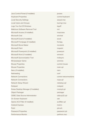 Java Control Panel (if installed)      javaws
Keyboard Properties                    control keyboard
Local Security Settings                secpol.msc
Local Users and Groups                 lusrmgr.msc
Logs You Out Of Windows                logoff
Malicious Software Removal Tool        mrt
Microsoft Access (if installed)        msaccess
Microsoft Chat                         winchat
Microsoft Excel (if installed)         excel
Microsoft Frontpage (if installed)     frontpg
Microsoft Movie Maker                  moviemk
Microsoft Paint                        mspaint
Microsoft Powerpoint (if installed)    powerpnt
Microsoft Word (if installed)          winword
Microsoft Syncronization Tool          mobsync
Minesweeper Game                       winmine
Mouse Properties                       control mouse
Mouse Properties                       main.cpl
Nero (if installed)                    nero
Netmeeting                             conf
Network Connections                    control netconnections
Network Connections                    ncpa.cpl
Network Setup Wizard                   netsetup.cpl
Notepad                                notepad
Nview Desktop Manager (if installed)   nvtuicpl.cpl
Object Packager                        packager
ODBC Data Source Administrator         odbccp32.cpl
On Screen Keyboard                     osk
Opens AC3 Filter (if installed)        ac3filter.cpl
Outlook Express                        msimn
Paint                                  pbrush
Password Properties                    password.cpl
Performance Monitor                    perfmon.msc
 