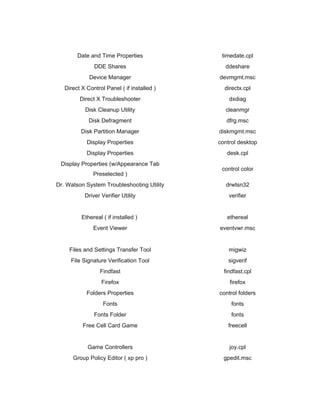 Date and Time Properties              timedate.cpl
               DDE Shares                      ddeshare
             Device Manager                  devmgmt.msc
   Direct X Control Panel ( if installed )     directx.cpl
         Direct X Troubleshooter                 dxdiag
           Disk Cleanup Utility                cleanmgr
             Disk Defragment                    dfrg.msc
          Disk Partition Manager             diskmgmt.msc
            Display Properties               control desktop
            Display Properties                  desk.cpl
 Display Properties (w/Appearance Tab
                                              control color
               Preselected )
Dr. Watson System Troubleshooting Utility       drwtsn32
           Driver Verifier Utility               verifier


          Ethereal ( if installed )             ethereal
               Event Viewer                  eventvwr.msc


     Files and Settings Transfer Tool            migwiz
     File Signature Verification Tool            sigverif
                  Findfast                     findfast.cpl
                  Firefox                        firefox
            Folders Properties               control folders
                   Fonts                          fonts
               Fonts Folder                       fonts
          Free Cell Card Game                   freecell


            Game Controllers                     joy.cpl
      Group Policy Editor ( xp pro )           gpedit.msc
 