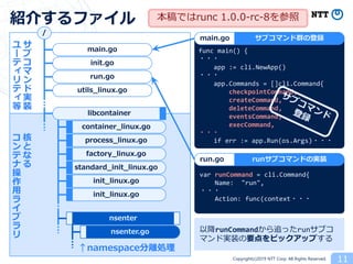Copyright(c)2019 NTT Corp. All Rights Reserved. 11
紹介するファイル
func main() {
・・・
app := cli.NewApp()
・・・
app.Commands = []cli.Command{
checkpointCommand,
createCommand,
deleteCommand,
eventsCommand,
execCommand,
・・・
if err := app.Run(os.Args)・・・
サ
ブ
コ
マ
ン
ド
実
装
ユ
ー
テ
ィ
リ
テ
ィ
等
var runCommand = cli.Command{
Name: "run",
・・・
Action: func(context・・・
本稿ではrunc 1.0.0-rc-8を参照
main.go
init.go
run.go
utils_linux.go
libcontainer
container_linux.go
process_linux.go
factory_linux.go
init_linux.go
init_linux.go
nsenter
nsenter.go
standard_init_linux.go
/
核
と
な
る
コ
ン
テ
ナ
操
作
用
ラ
イ
ブ
ラ
リ
↑namespace分離処理
main.go サブコマンド群の登録
run.go runサブコマンドの実装
以降runCommandから追ったrunサブコ
マンド実装の要点をピックアップする
 