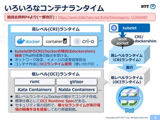Copyright(c)2019 NTT Corp. All Rights Reserved. 4
いろいろなコンテナランタイム
 kubeletからCRI(Dockerの場合はdockershim)
経由でPod作成等の指示を受ける。
 ネットワーク設定、イメージの送受信等担当
 コンテナ作成にOCIランタイム使用（使い分け可）。
 高レベルランタイム/Dockerの指示でコンテナ作成。
 標準仕様としてOCI Runtime Specがある。
 セキュリティ等の目的で、様々なランタイムが実行環
境の隔離手法を提案しており群雄割拠。 Pod
低レベルランタイム
(OCIランタイム)
実行
kubelet
高レベルランタイム
（CRIランタイム）
高レベル(CRI)ランタイム
低レベル(OCI)ランタイム
runc
Kata Containers
gVisor
Nabla Containers
Containers
CRI/
dockershim
unix
socket
…
…
拙過去資料P4より(一部改訂)：https://www.slideshare.net/KoheiTokunaga/ss-123664087
 