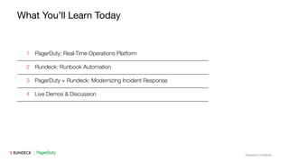 Proprietary & Conﬁdential
What You’ll Learn Today
1 PagerDuty: Real-Time Operations Platform
2 Rundeck: Runbook Automation
3 PagerDuty + Rundeck: Modernizing Incident Response
4 Live Demos & Discussion
 