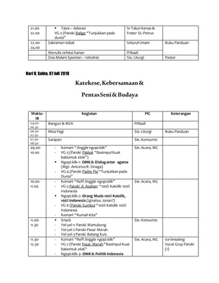 21.00-
22.00
 Taize – Adorasi
VG-2 (Paroki Balige “Tunjukkan pada
dunia”
Sr Talun Kenas &
Frater St.Petrus
22.00-
24.00
Sakramen tobat SeluruhImam Buku Panduan
Menulis refeksi harian Pribadi
Doa Malam Spontan – Istirahat Sie.Liturgi Pastor
Hari V, Sabtu, 07 Juli 2018
Katekese,Kebersamaan&
PentasSeni&Budaya
Waktu-
IB
Kegiatan PIC Keterangan
04.00-
06.30
Bangun & MCK Pribadi
06.30-
07.30
Misa Pagi Sie.Liturgi Buku Panduan
07.30-
08.30
Sarapan Sie.Konsumsi
09.00-
10.00
- Komart “Jinggle ngopi.klik”
- VG-3 (Paroki Pakkat “Basimpul Kuat
babontuk elok”)
 Ngopi.klik-1: OMK& Dialogantar agama
(Mgr. AnicetusB. Sinaga)
- VG-4 (Paroki Padre Pio “Tunjukkan pada
Dunia”
Sie.Acara, MC
10.00-
11.00
- Komart “ReffJinggle ngopi.klik”
- VG-5 Paroki Jl. Asahan: “100% Katolik 100%
Indonesia
 Ngopi.klik-2: Orang Muda 100% Katolik,
100% Indonesia (Ignatius Jonan?)
- VG-6 (Paroki Sumbul “100% Katolik 100%
Indonesia
- Komart “RumahKita”
Sie.Acara, MC
11.00-
11.30
 Snack
- Yel-yel-1:Paroki Martubung
- Yel-yel-2Paroki Pasar Merah
- Yel-yel-3Paroki Batang Kuis
Sie.Konsumsi
11.30-
12.30
- Komart “ReffJinggle ngopi.klik”
- VG-7 (Paroki Pasar Merah“Basimpul Kuat
babontuk elok”
- Ngopi.klik-3: OMK& Politik Indonesia
Sie.Acara, MC Ice-breaking
Vocal Grup Paroki
(1)
 