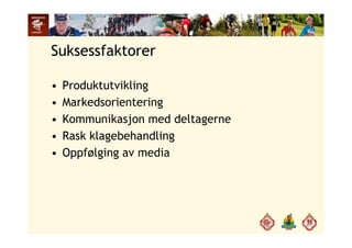 Suksessfaktorer
• Produktutvikling
• Markedsorientering
• Kommunikasjon med deltagernej g
• Rask klagebehandling
• Oppfølging av media• Oppfølging av media
 