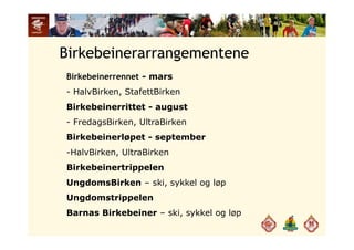 Birkebeinerarrangementene
Birkebeinerrennet - mars
- HalvBirken, StafettBirken
Birkebeinerrittet - august
- FredagsBirken, UltraBirkenedags e , U t a e
Birkebeinerløpet - september
-HalvBirken UltraBirkenHalvBirken, UltraBirken
Birkebeinertrippelen
UngdomsBirken ski sykkel og løpUngdomsBirken – ski, sykkel og løp
Ungdomstrippelen
B Bi k b i ki kk l lBarnas Birkebeiner – ski, sykkel og løp
 