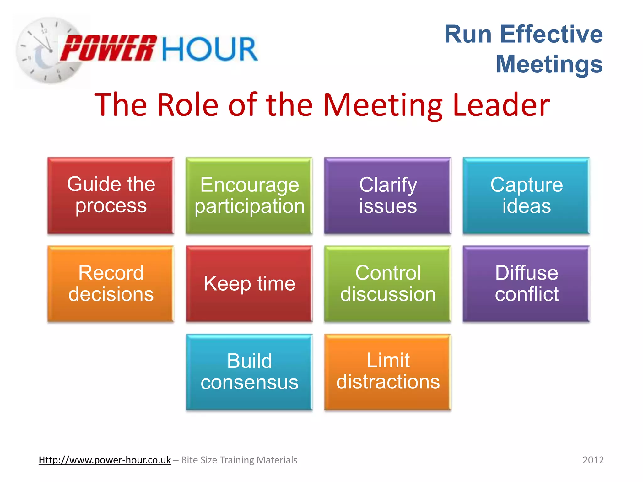 Run Effective
Meetings
Http://www.power-hour.co.uk – Bite Size Training Materials 2012
The Role of the Meeting Leader
Guide the
process
Encourage
participation
Clarify
issues
Capture
ideas
Record
decisions
Keep time
Control
discussion
Diffuse
conflict
Build
consensus
Limit
distractions
 