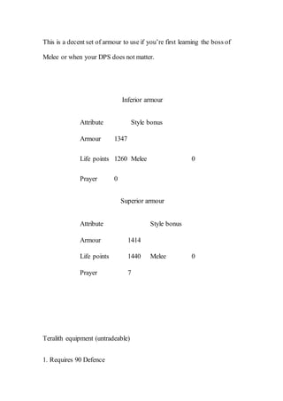 This is a decent set of armour to use if you’re first learning the boss of
Melee or when your DPS does not matter.
Inferior armour
Attribute Style bonus
Armour 1347
Melee 0Life points 1260
Prayer 0
Superior armour
Attribute Style bonus
Armour 1414
Melee 0Life points 1440
Prayer 7
Teralith equipment (untradeable)
1. Requires 90 Defence
 