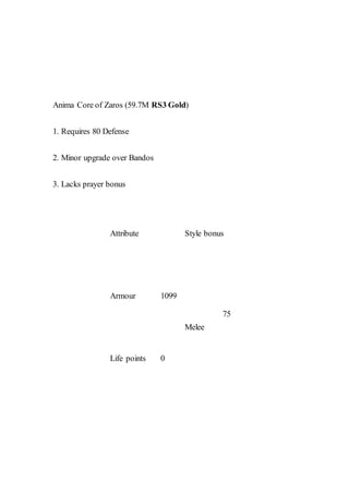 Anima Core of Zaros (59.7M RS3 Gold)
1. Requires 80 Defense
2. Minor upgrade over Bandos
3. Lacks prayer bonus
Attribute Style bonus
Armour 1099
Melee
75
Life points 0
 