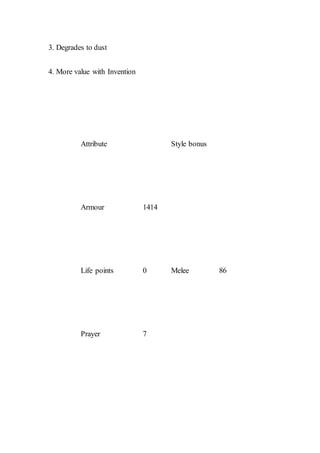 3. Degrades to dust
4. More value with Invention
Attribute Style bonus
Armour 1414
Melee 86Life points 0
Prayer 7
 