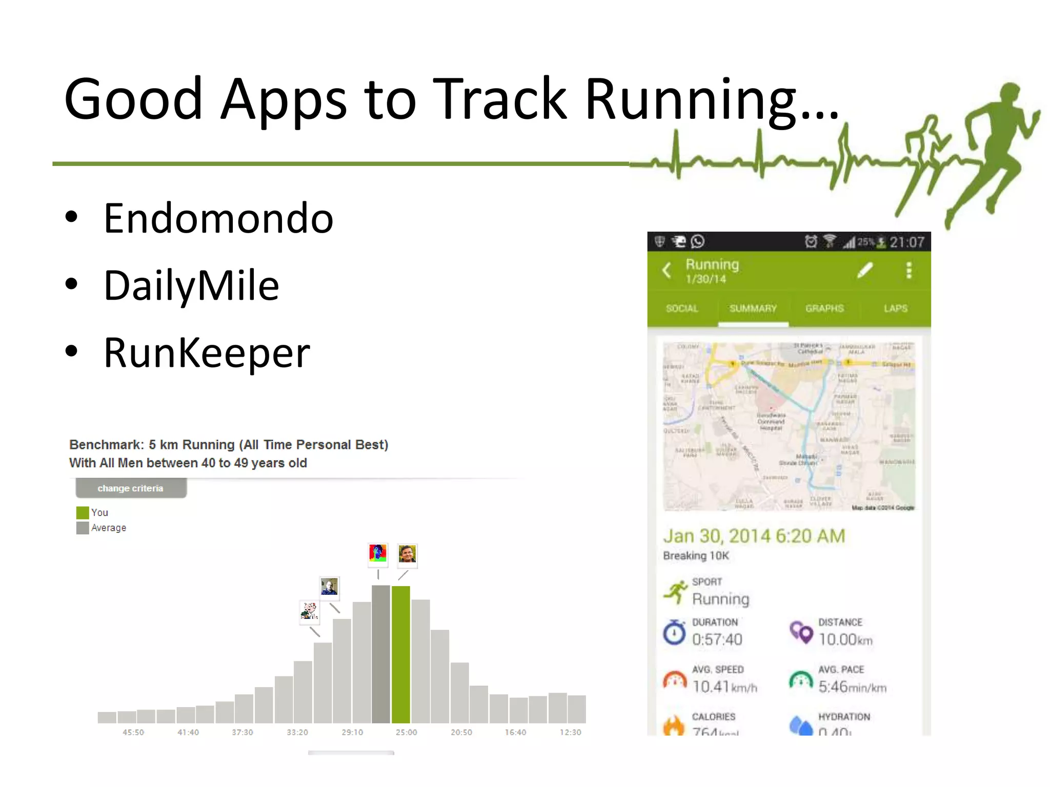 Good Apps to Track Running…
• Endomondo
• DailyMile
• RunKeeper
 