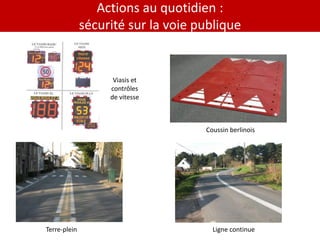 Actions au quotidien :
              sécurité sur la voie publique


                    Viasis et
                   contrôles
                   de vitesse



                                    Coussin berlinois




Terre-plein                           Ligne continue
 