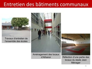 Entretien des bâtiments communaux Aménagement des locaux d’Athanor Réfection d’une partie des locaux du stade Jean Ménager Travaux d’entretien de l’ensemble des écoles 
