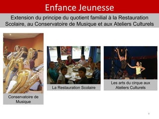 Extension du principe du quotient familial à la Restauration Scolaire, au Conservatoire de Musique et aux Ateliers Culturels Les arts du cirque aux Ateliers Culturels Conservatoire de Musique La Restauration Scolaire Enfance Jeunesse 