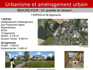 Gendarmerie /  26 log de fonction Urbanisme et aménagement urbain BEAUSEJOUR : Un quartier en devenir … 1 EHPAD (Etablissement d’Hébergement pour Personnes Agées Dépendantes) 80 lits 12 logements SHON : 4 719 m² Surface Terrain : 9 264 m² 26 logements  SHON : 1 556 m² Surface terrain : 3 460 m² 1 EHPAD et 38 logements  