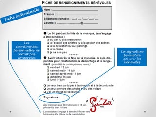 La signature
permet de
couvrir les
bénévoles
Les
coordonnées
personnelles ne
seront pas
conservées
 