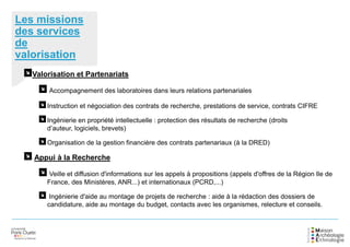 Les missions
des services
de
valorisation
Valorisation et Partenariats
Accompagnement des laboratoires dans leurs relations partenariales
Instruction et négociation des contrats de recherche, prestations de service, contrats CIFRE
Ingénierie en propriété intellectuelle : protection des résultats de recherche (droits
d’auteur, logiciels, brevets)
Organisation de la gestion financière des contrats partenariaux (à la DRED)
Appui à la Recherche
Veille et diffusion d'informations sur les appels à propositions (appels d'offres de la Région Ile de
France, des Ministères, ANR...) et internationaux (PCRD,...)
Ingénierie d'aide au montage de projets de recherche : aide à la rédaction des dossiers de
candidature, aide au montage du budget, contacts avec les organismes, relecture et conseils.
 