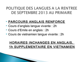  PARCOURS ANGLAIS RENFORCE
 Cours d’anglais langue vivante : 2h
 Cours d’Emile en anglais : 2h
 Cours de vietnamien langue vivante : 2h
HORAIRES INCHANGES EN ANGLAIS,
1h SUPPLEMENTAIRE EN VIETNAMIEN
 