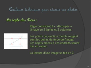 19
Quelques techniques pour réussir vos photos
La règle des Tiers :
Règle consistant à « découper »
l’image en 3 lignes et 3 colonnes
Les points de jonction (points rouges)
sont les points de force de l’image.
Les objets placés à ces endroits seront
mis en valeur.
La lecture d’une image se fait en Z
 