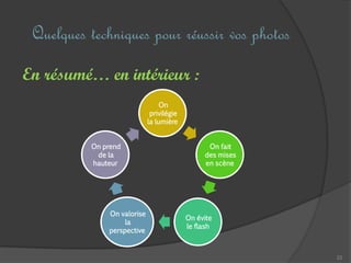 En résumé… en intérieur :
22
Quelques techniques pour réussir vos photos
On
privilégie
la lumière
On fait
des mises
en scène
On évite
le flash
On valorise
la
perspective
On prend
de la
hauteur
 