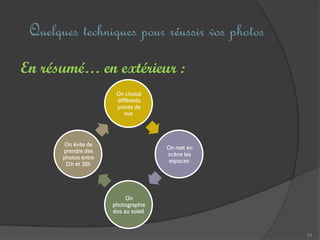 En résumé… en extérieur :
23
Quelques techniques pour réussir vos photos
On choisit
différents
points de
vue
On met en
scène les
espaces
On
photographie
dos au soleil
On évite de
prendre des
photos entre
11h et 16h
 