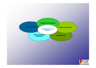Risque environnement

Risque juridique                                  Risque économique
                         L’entreprise et son
                              dirigeant


             Risque activité et                Risque social
                production
 
