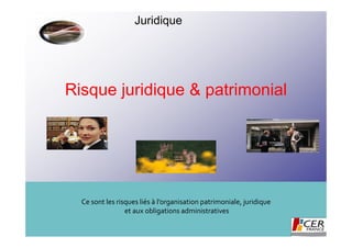 Juridique




Risque juridique & patrimonial




  Ce sont les risques liés à l’organisation patrimoniale, juridique
                 et aux obligations administratives
 