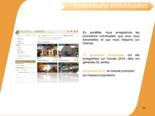 En parallèle, nous enregistrons les
promotions individuelles que vous nous
transmettez et que nous relayons sur
Internet.
77 promotions individuelles ont été
enregistrées sur l’année 2014, elles ont
générées 52 ventes.
Nouveauté 2015 : le module promotion
sur l’espace propriétaire.
11
Promotions individuelles
 