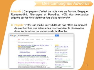 Adwords : Campagnes d’achat de mots clés en France, Belgique,
Royaume-Uni, Allemagne et Pays-Bas. 40% des internautes
cliquent sur les liens Adwords lors d’une recherche.
Objectif : Offrir une meilleure visibilité de nos offres au moment
des recherches des internautes pour favoriser la réservation
dans les locations de vacances de la Manche.
Des campagnes Adwords
17
 