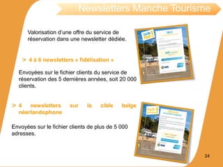 4 à 6 newsletters « fidélisation »
Valorisation d’une offre du service de
réservation dans une newsletter dédiée.
Newsletters Manche Tourisme
24
4 newsletters sur la cible belge
néerlandophone
Envoyées sur le fichier clients de plus de 5 000
adresses.
Envoyées sur le fichier clients du service de
réservation des 5 dernières années, soit 20 000
clients.
 