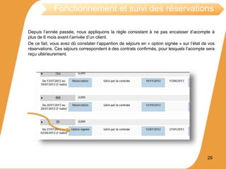 Depuis l’année passée, nous appliquons la règle consistant à ne pas encaisser d’acompte à
plus de 6 mois avant l’arrivée d’un client.
De ce fait, vous avez dû constater l’apparition de séjours en « option signée » sur l’état de vos
réservations. Ces séjours correspondent à des contrats confirmés, pour lesquels l’acompte sera
reçu ultérieurement.
29
Fonctionnement et suivi des réservations
 