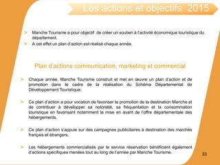 Manche Tourisme a pour objectif de créer un soutien à l’activité économique touristique du
département.
A cet effet un plan d’action est réalisé chaque année.
Chaque année, Manche Tourisme construit et met en œuvre un plan d’action et de
promotion dans le cadre de la réalisation du Schéma Départemental de
Développement Touristique.
Ce plan d’action a pour vocation de favoriser la promotion de la destination Manche et
de contribuer à développer sa notoriété, sa fréquentation et la consommation
touristique en favorisant notamment la mise en avant de l’offre départementale des
hébergements.
Ce plan d’action s’appuie sur des campagnes publicitaires à destination des marchés
français et étrangers.
Les hébergements commercialisés par le service réservation bénéficient également
d’actions spécifiques menées tout au long de l’année par Manche Tourisme. 33
Les actions et objectifs 2015
Plan d’actions communication, marketing et commercial
 