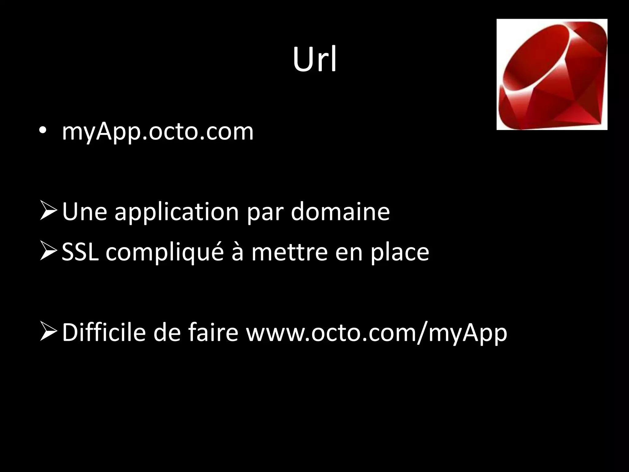 Url
• myApp.octo.com

Une application par domaine
SSL compliqué à mettre en place

Difficile de faire www.octo.com/myApp
 