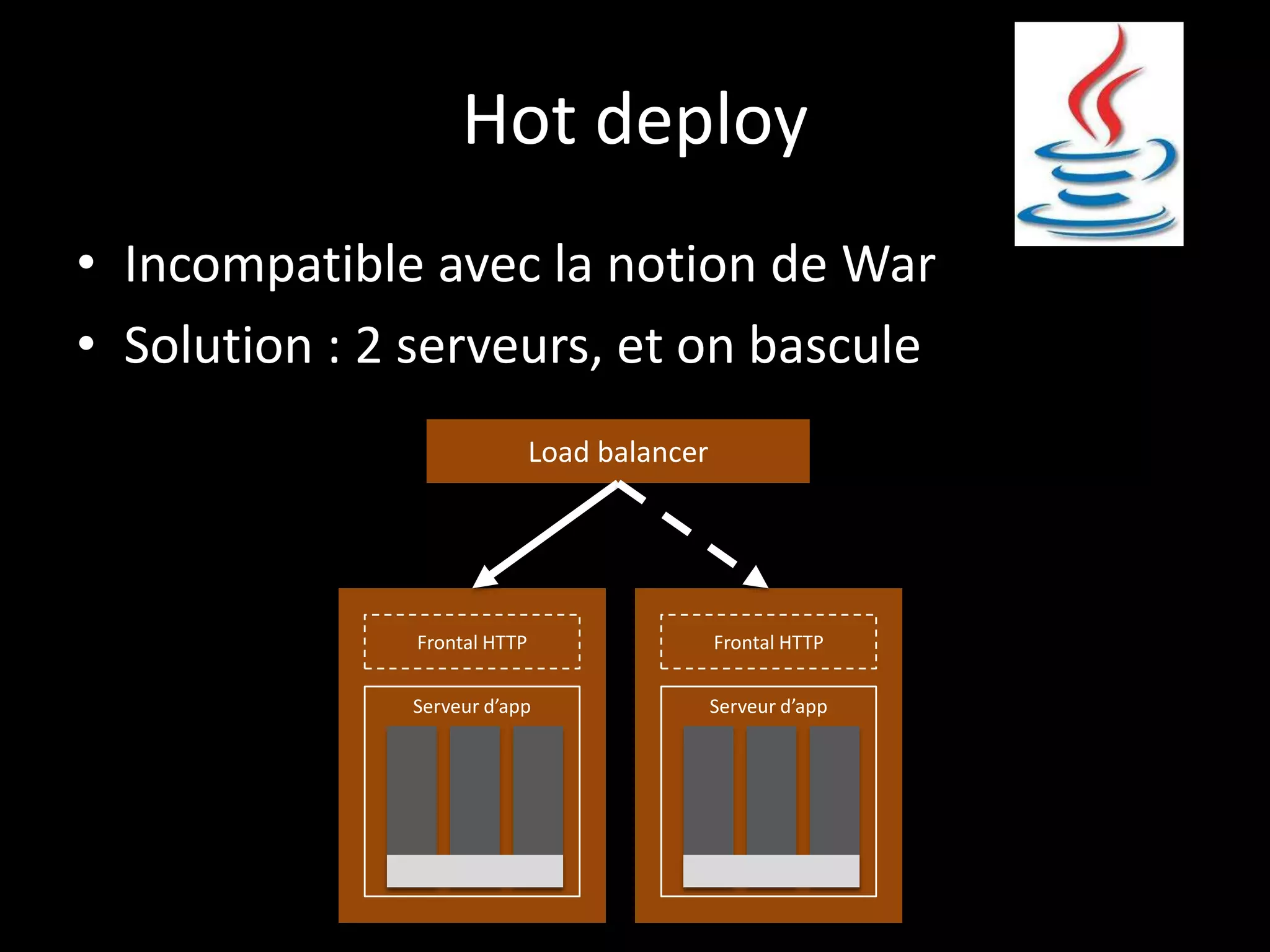 Hot deploy
• Incompatible avec la notion de War
• Solution : 2 serveurs, et on bascule
                              Load balancer




               Frontal HTTP                   Frontal HTTP


              Serveur d’app                   Serveur d’app
 