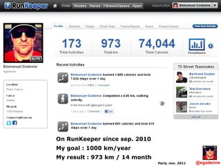 Paris, nov. 2011 On RunKeeper since sep. 2010 My goal : 1000 km/year My result : 973 km / 14 month   @egadenne 